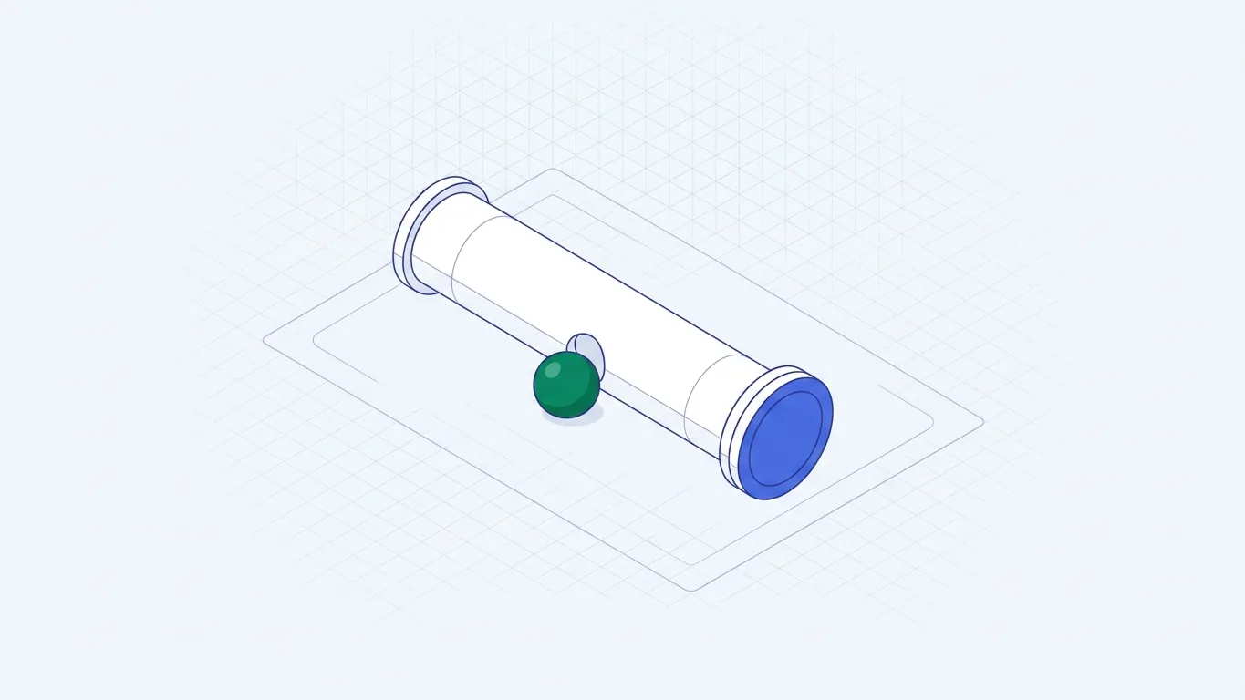 Белая труба с заглушкой на торце и отверстием в боку, из которого выкатывается зелёный шарик